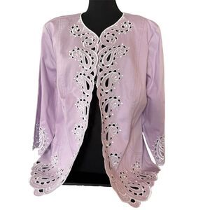 Bob Mackie Wearable Art Jacket 1X Lavender Eyelet Embroidery Paisley Open Front